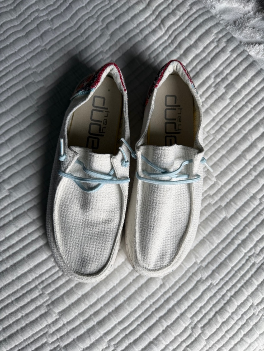 Hey Dude White Casual Slip-On Shoes with Light Blue Laces